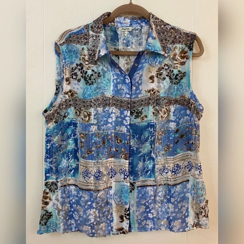 Agora Blouse Women’s Large Blue Patchwork Lace Floral Button Up Snaps Bohemian